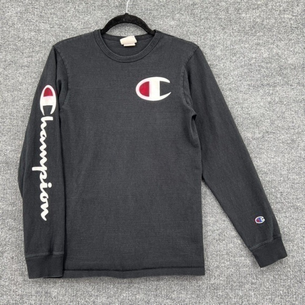 Vintage Champion T Shirt Mens Small Black Long Sleeve Spellout Crewneck Logo